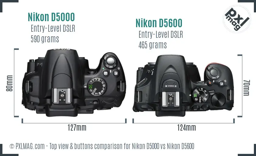 Nikon D5000 vs Nikon D5600 top view buttons comparison