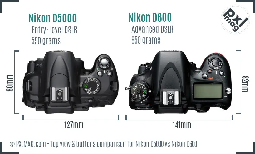 Nikon D5000 vs Nikon D600 top view buttons comparison