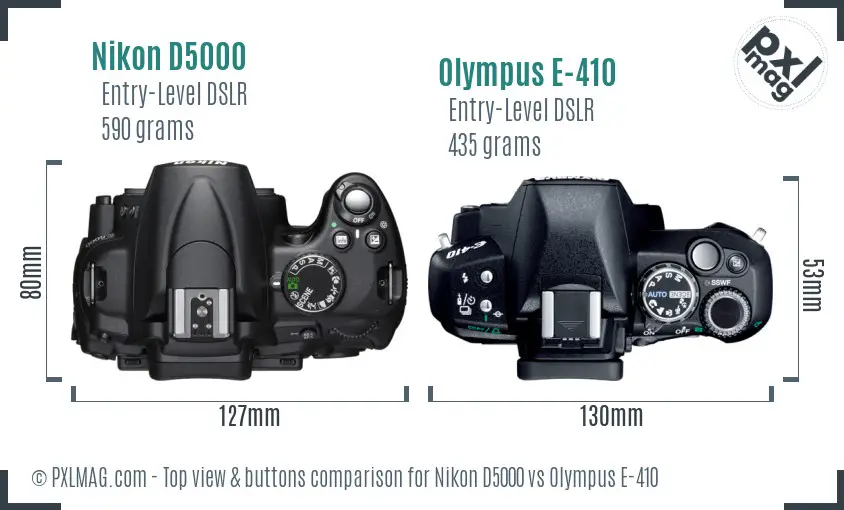 Nikon D5000 vs Olympus E-410 top view buttons comparison