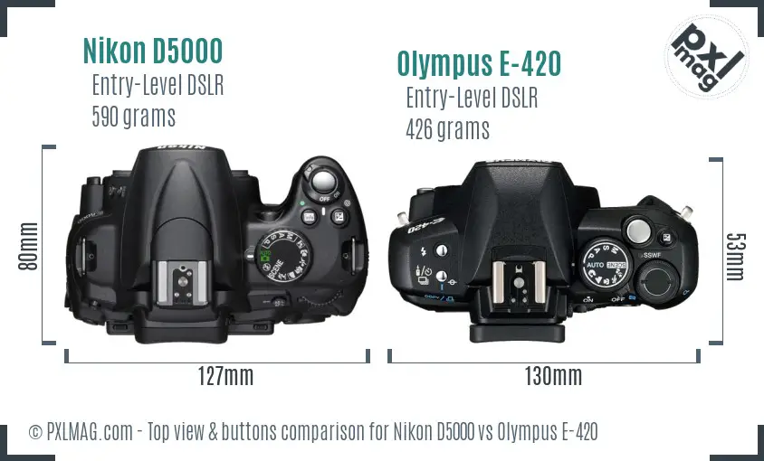 Nikon D5000 vs Olympus E-420 top view buttons comparison