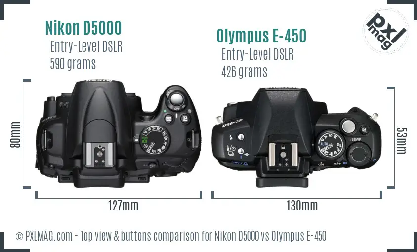 Nikon D5000 vs Olympus E-450 top view buttons comparison
