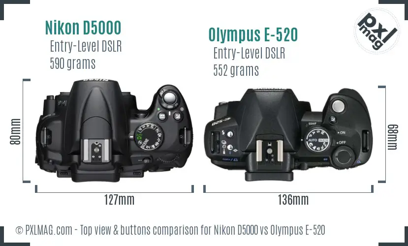 Nikon D5000 vs Olympus E-520 top view buttons comparison