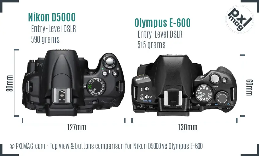 Nikon D5000 vs Olympus E-600 top view buttons comparison