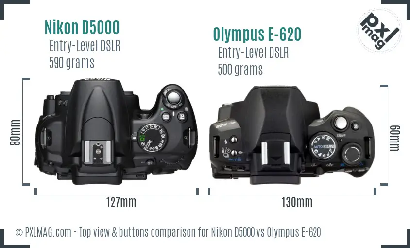 Nikon D5000 vs Olympus E-620 top view buttons comparison