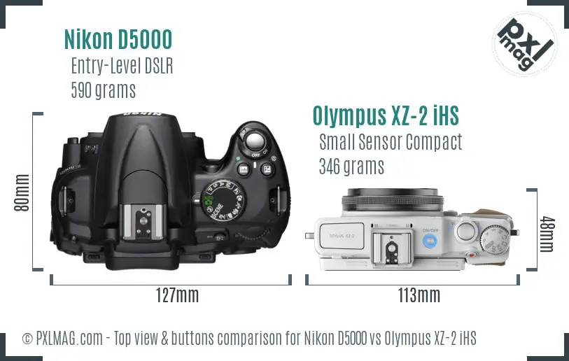 Nikon D5000 vs Olympus XZ-2 iHS top view buttons comparison