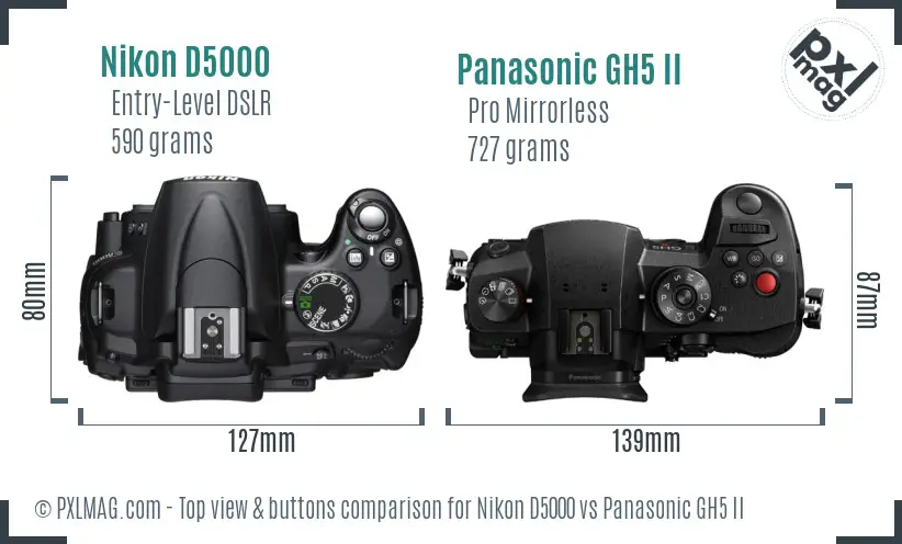 Nikon D5000 vs Panasonic GH5 II top view buttons comparison