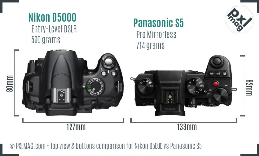 Nikon D5000 vs Panasonic S5 top view buttons comparison
