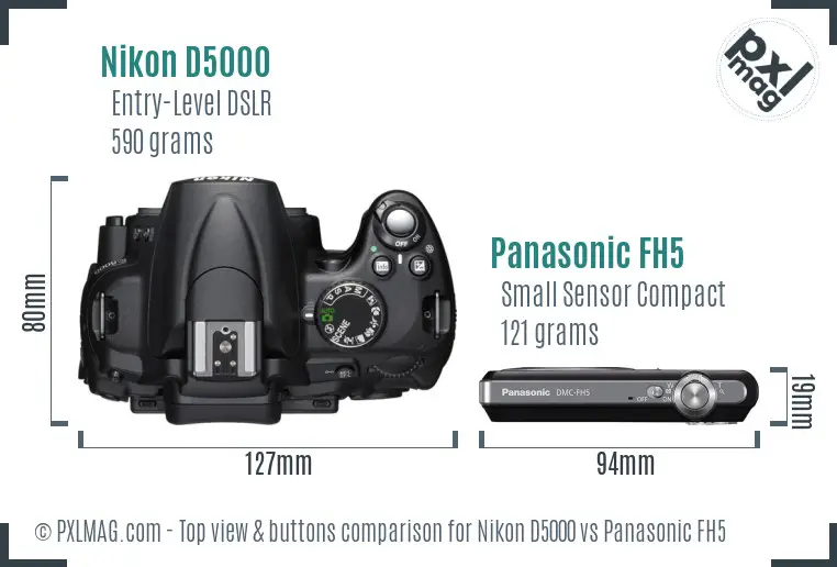 Nikon D5000 vs Panasonic FH5 top view buttons comparison
