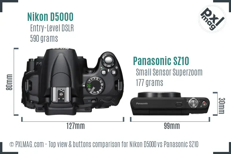 Nikon D5000 vs Panasonic SZ10 top view buttons comparison