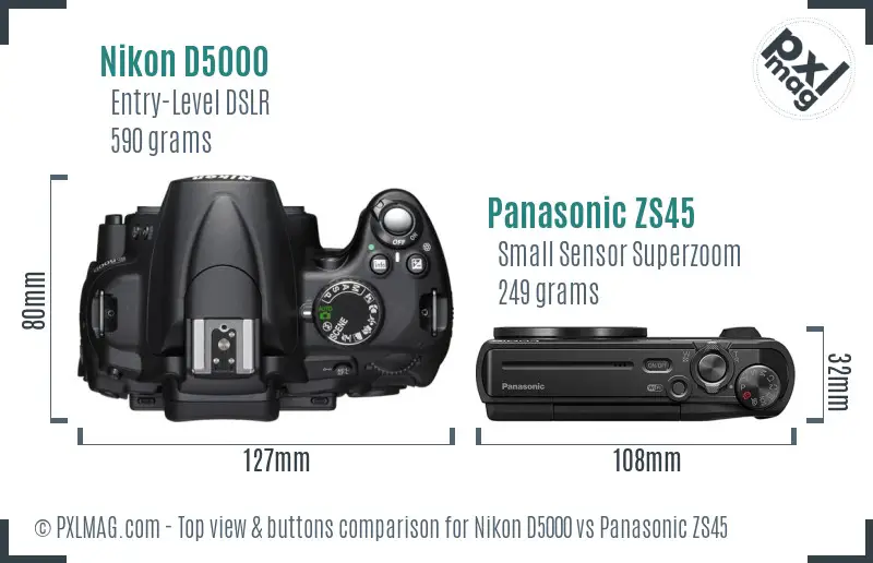 Nikon D5000 vs Panasonic ZS45 top view buttons comparison