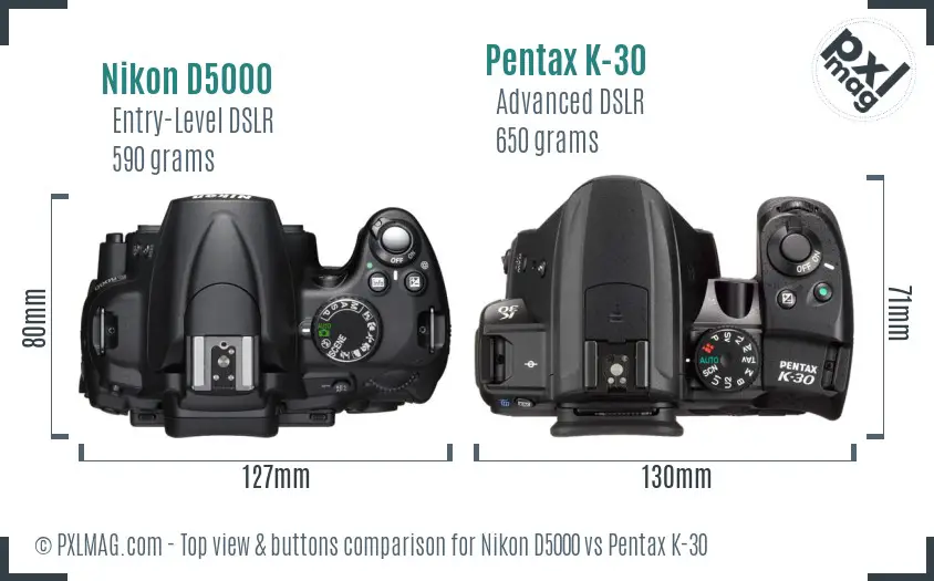 Nikon D5000 vs Pentax K-30 top view buttons comparison Nikon D5000 vs Pentax K-30 top view buttons comparison