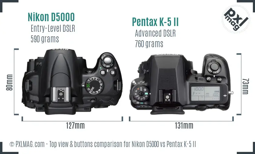 Nikon D5000 vs Pentax K-5 II top view buttons comparison