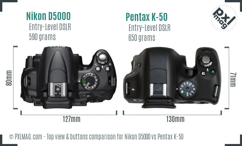 Nikon D5000 vs Pentax K-50 top view buttons comparison