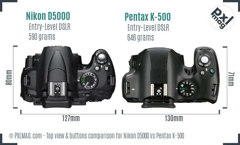 Nikon D5000 vs Pentax K-500 top view buttons comparison