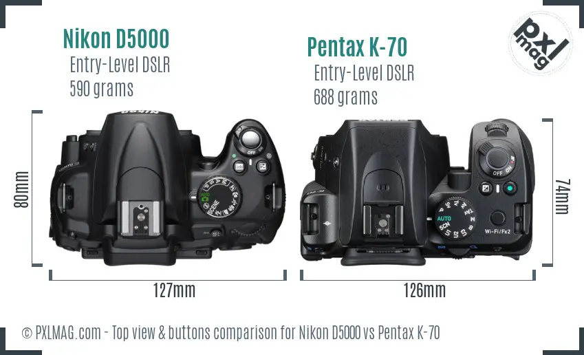 Nikon D5000 vs Pentax K-70 top view buttons comparison