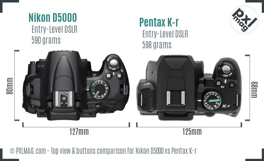 Nikon D5000 vs Pentax K-r top view buttons comparison
