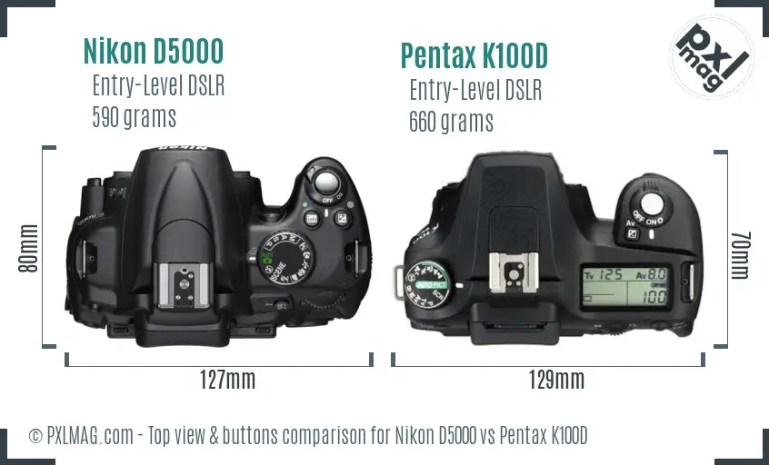 Nikon D5000 vs Pentax K100D top view buttons comparison