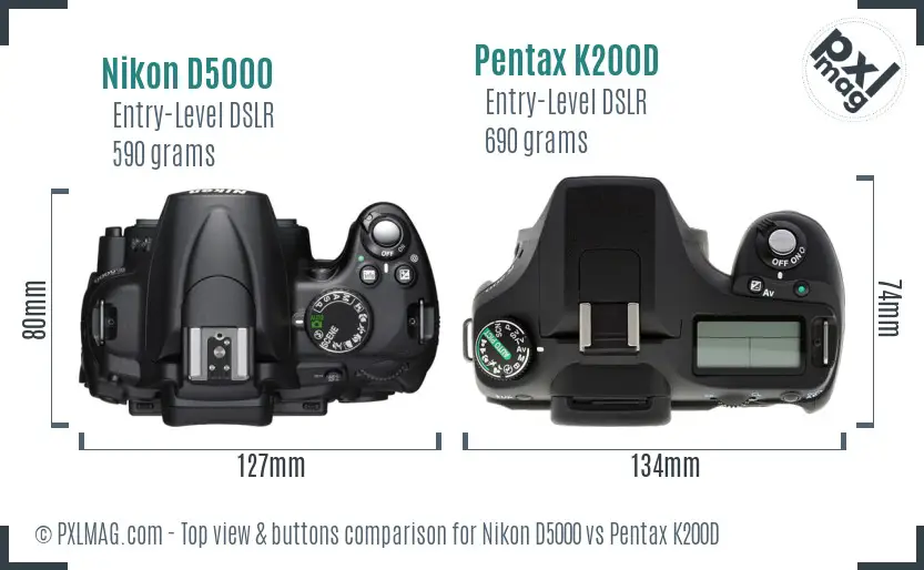 Nikon D5000 vs Pentax K200D top view buttons comparison
