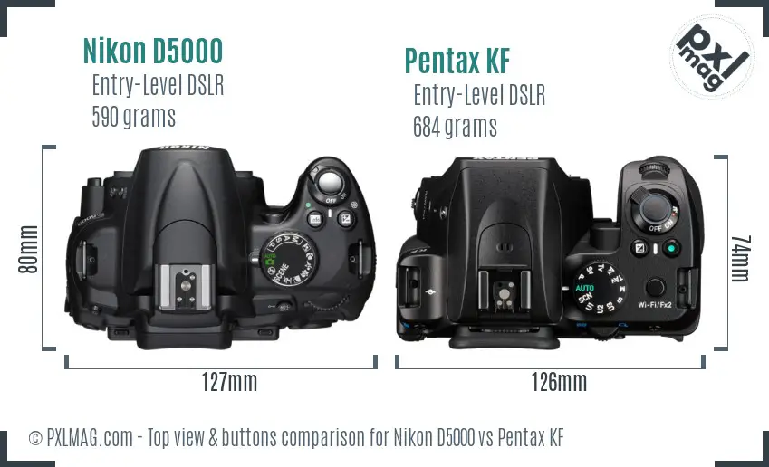 Nikon D5000 vs Pentax KF top view buttons comparison