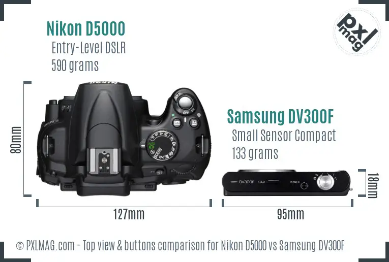Nikon D5000 vs Samsung DV300F top view buttons comparison
