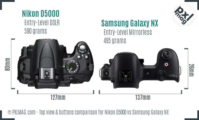 Nikon D5000 vs Samsung Galaxy NX top view buttons comparison