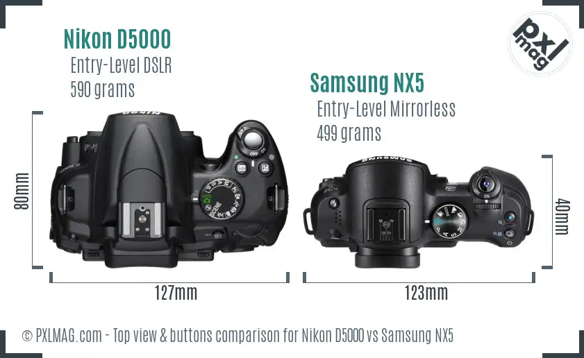 Nikon D5000 vs Samsung NX5 top view buttons comparison