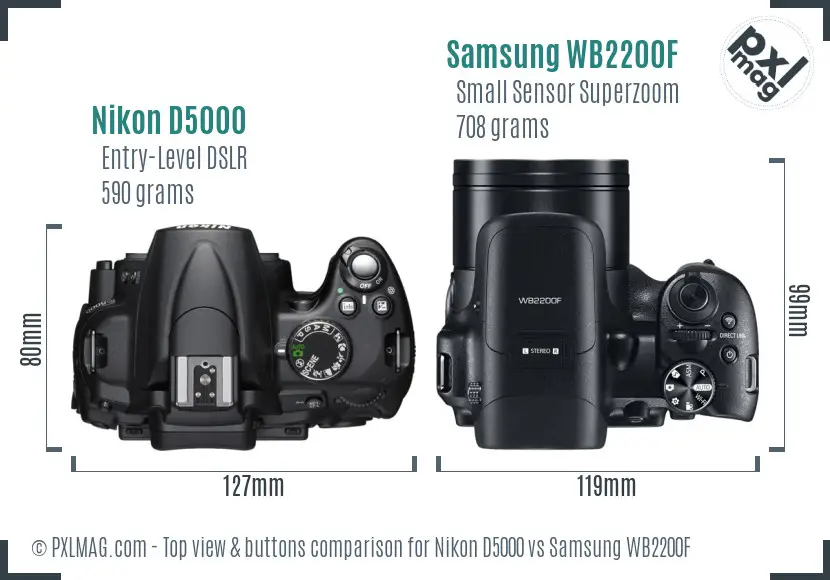 Nikon D5000 vs Samsung WB2200F top view buttons comparison
