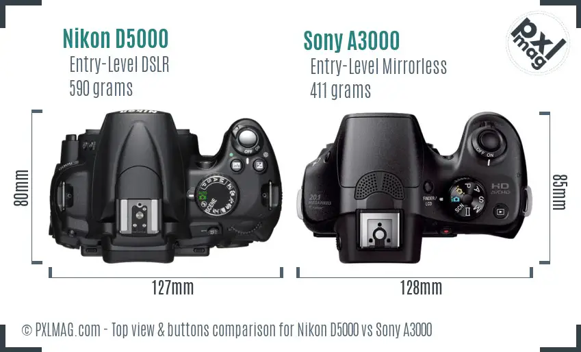 Nikon D5000 vs Sony A3000 top view buttons comparison