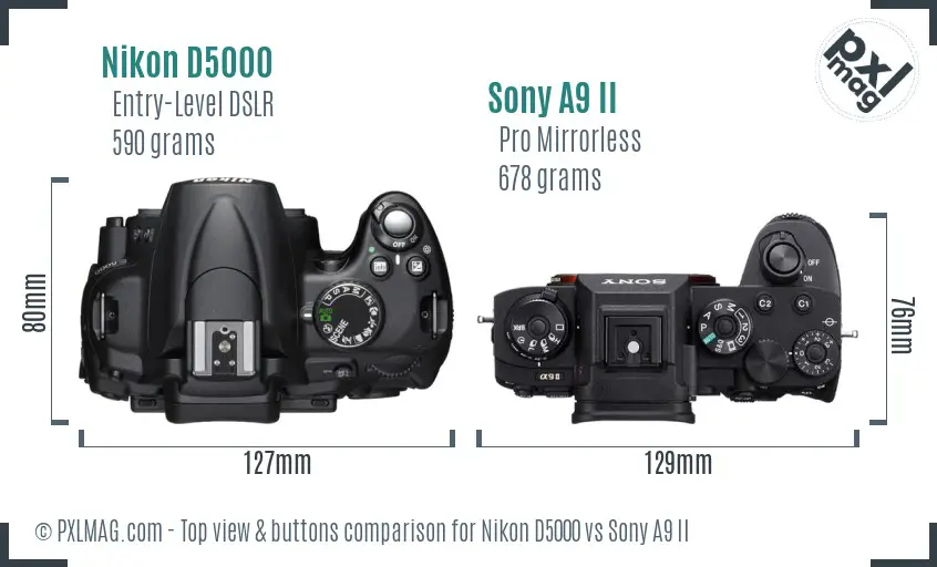 Nikon D5000 vs Sony A9 II top view buttons comparison