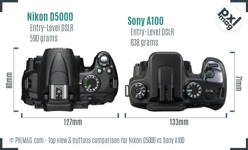 Nikon D5000 vs Sony A100 top view buttons comparison