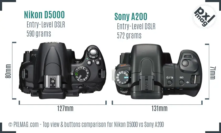 Nikon D5000 vs Sony A200 top view buttons comparison