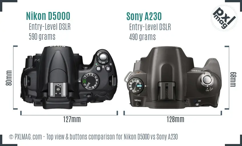 Nikon D5000 vs Sony A230 top view buttons comparison