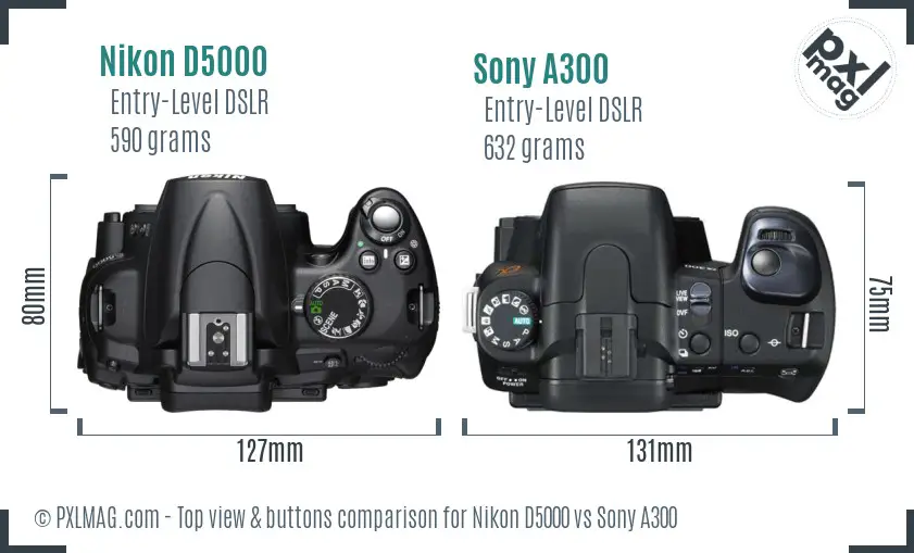 Nikon D5000 vs Sony A300 top view buttons comparison