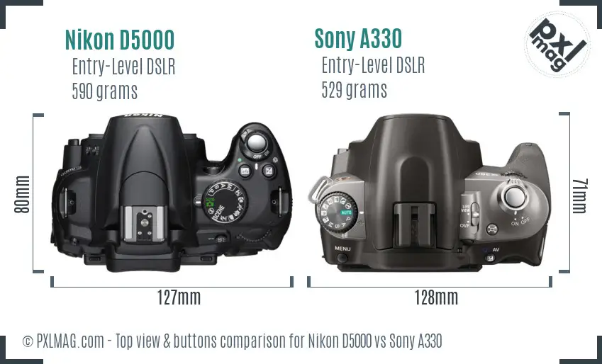 Nikon D5000 vs Sony A330 top view buttons comparison