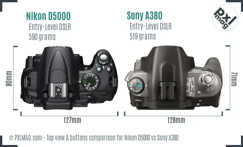 Nikon D5000 vs Sony A380 top view buttons comparison