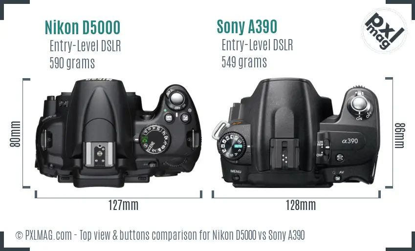 Nikon D5000 vs Sony A390 top view buttons comparison