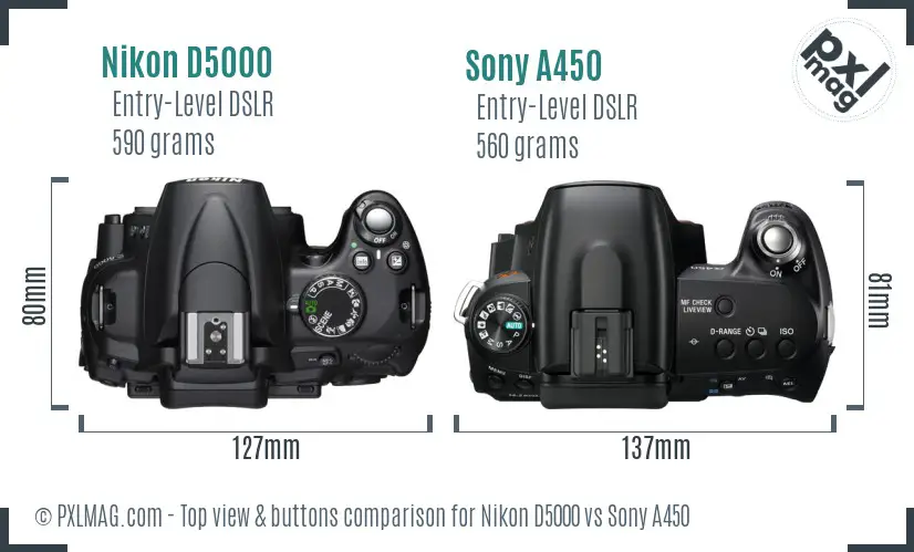 Nikon D5000 vs Sony A450 top view buttons comparison