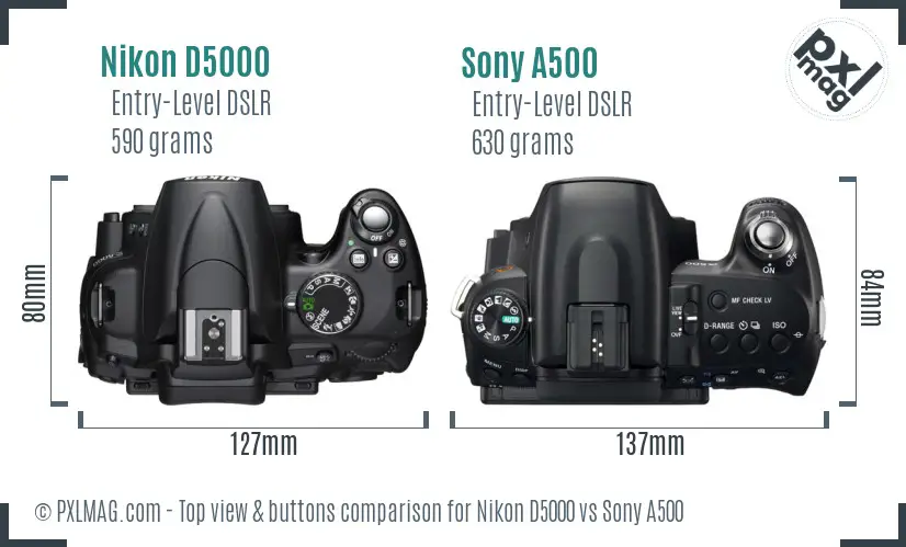 Nikon D5000 vs Sony A500 top view buttons comparison