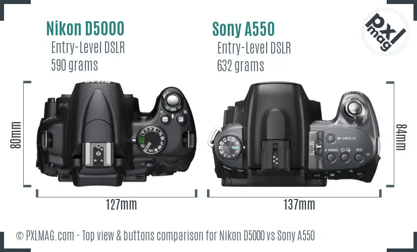 Nikon D5000 vs Sony A550 top view buttons comparison