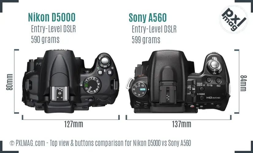 Nikon D5000 vs Sony A560 top view buttons comparison
