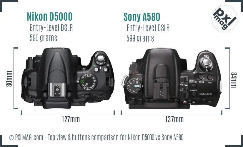 Nikon D5000 vs Sony A580 top view buttons comparison