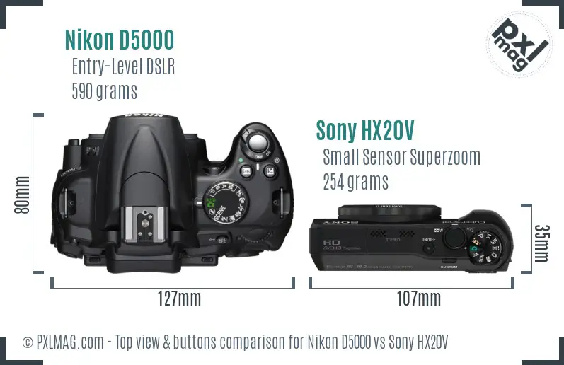 Nikon D5000 vs Sony HX20V top view buttons comparison