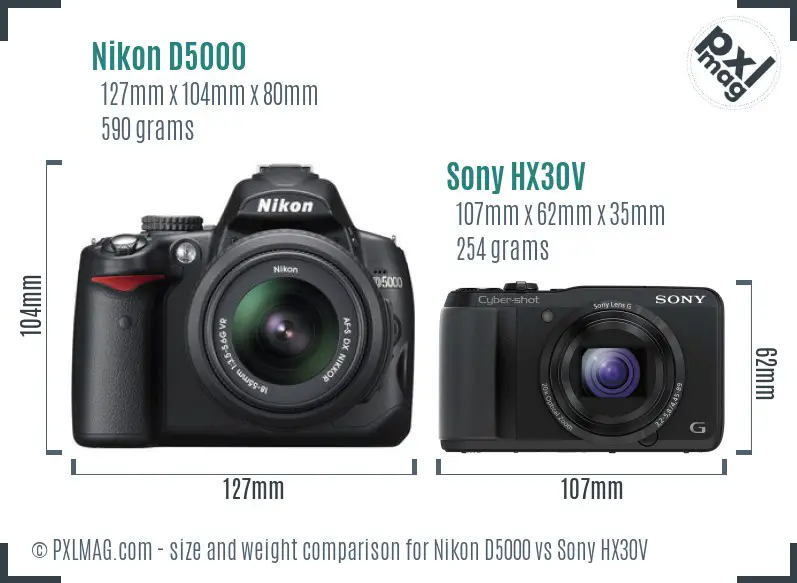 Nikon D5000 vs Sony HX30V size comparison