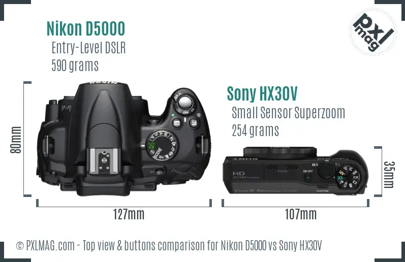 Nikon D5000 vs Sony HX30V top view buttons comparison