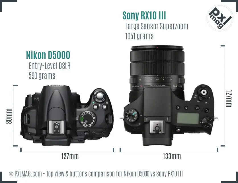 Nikon D5000 vs Sony RX10 III top view buttons comparison