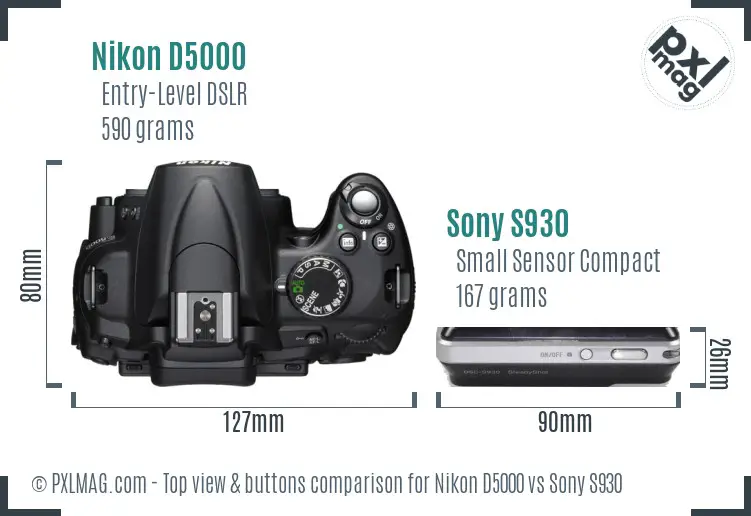 Nikon D5000 vs Sony S930 top view buttons comparison