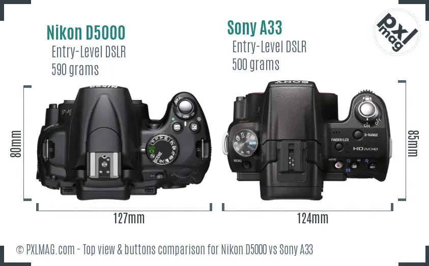 Nikon D5000 vs Sony A33 top view buttons comparison