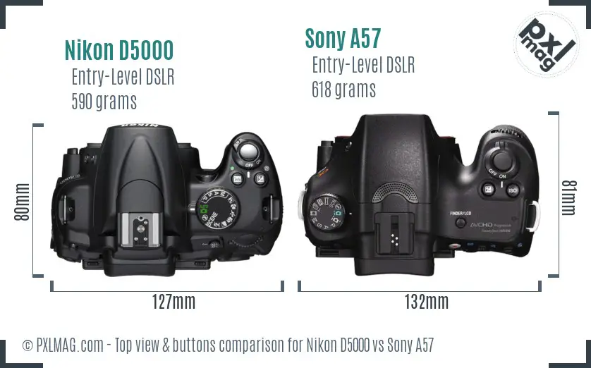 Nikon D5000 vs Sony A57 top view buttons comparison