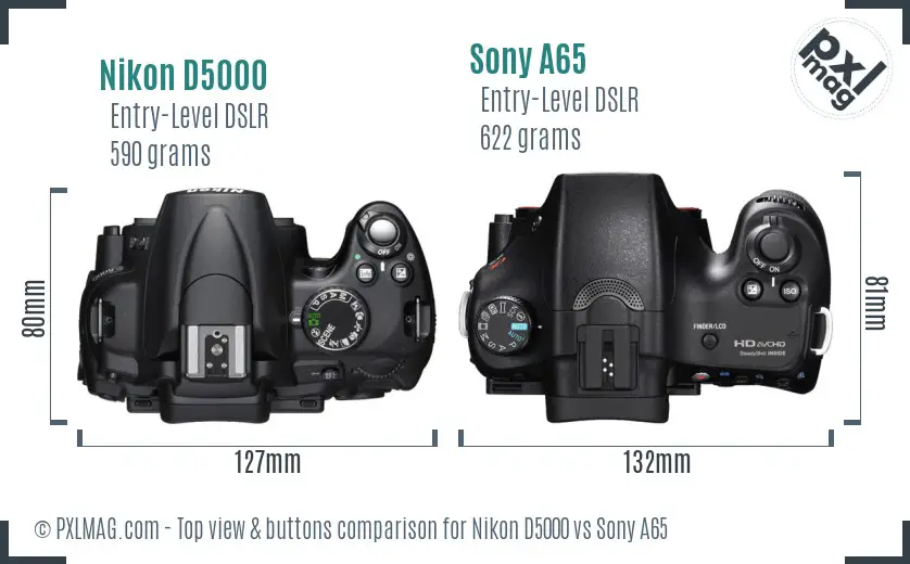 Nikon D5000 vs Sony A65 top view buttons comparison