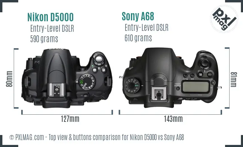 Nikon D5000 vs Sony A68 top view buttons comparison